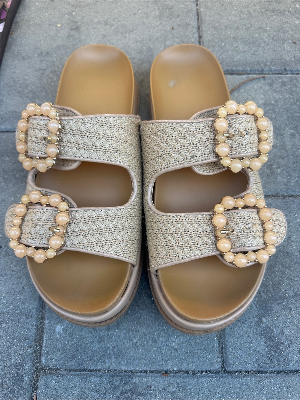 BCBG Raffia Beaded Buckle Slide Sandals in Beige Tan